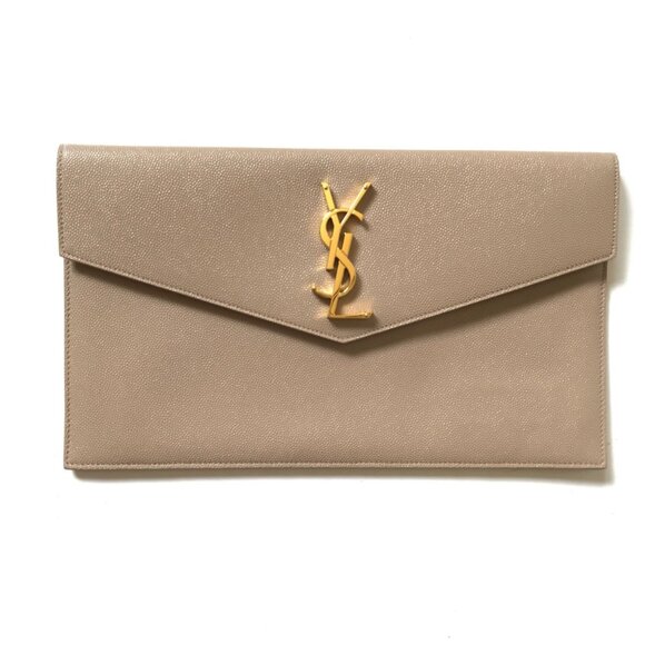 Saint Laurent YSL Uptown Bag Purse Clutch Pouch Womens Leather Beige Envelope - Picture 3 of 12